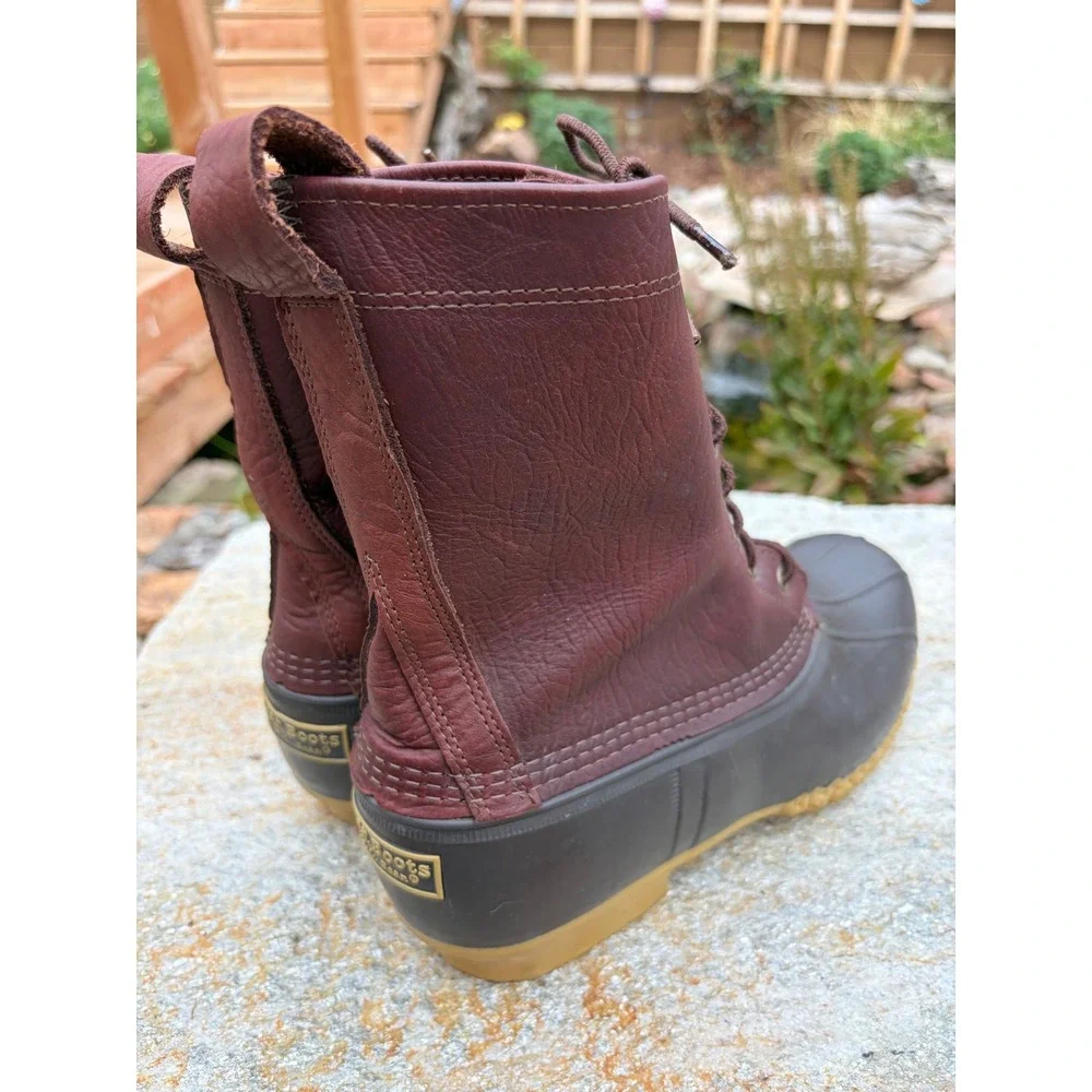 LL Bean 8 Inch Duck Boots Mens 11 Wide Burgundy Leather Brown Rubber Made in USA